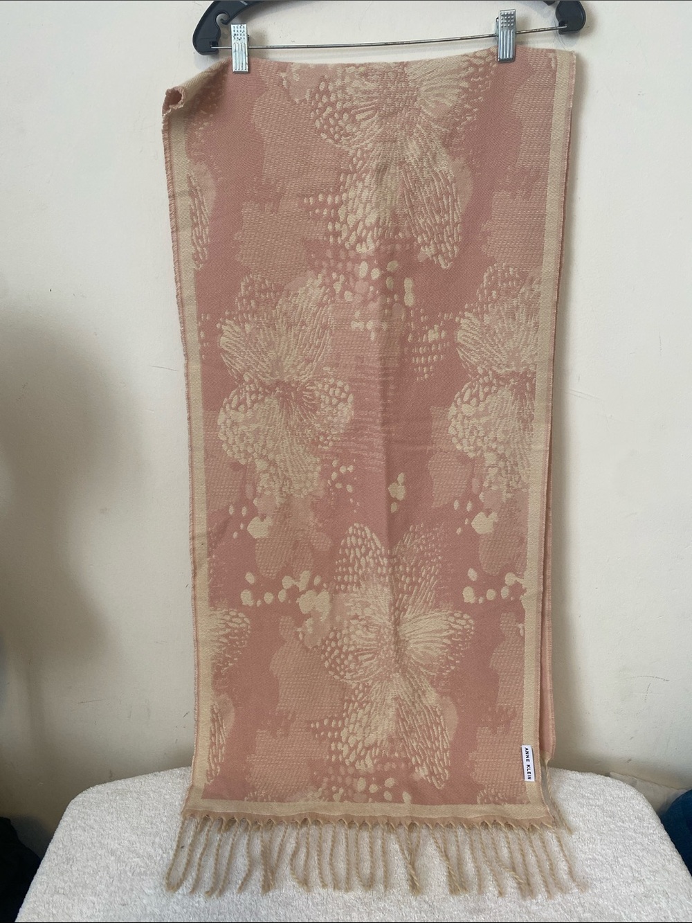 Anne Klein Floral Jacquard Tassel Scarf in Blush and Cream